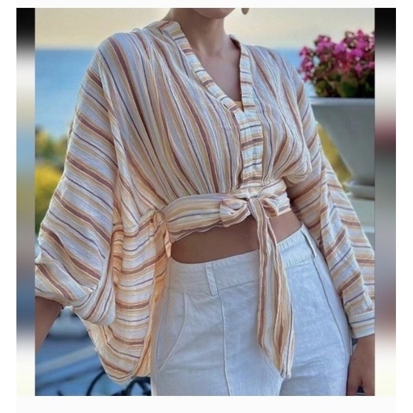 By Anthropologie Tops - Anthropologie tie-front balloon sleeve striped blouse Sz M Gauze Coastal Boho